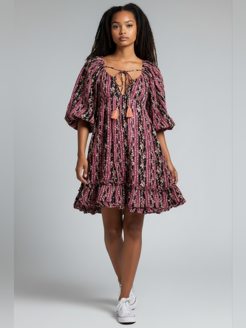 Free People Pink & Black Floral Tie-Front Puff Sleeve Mini Dress